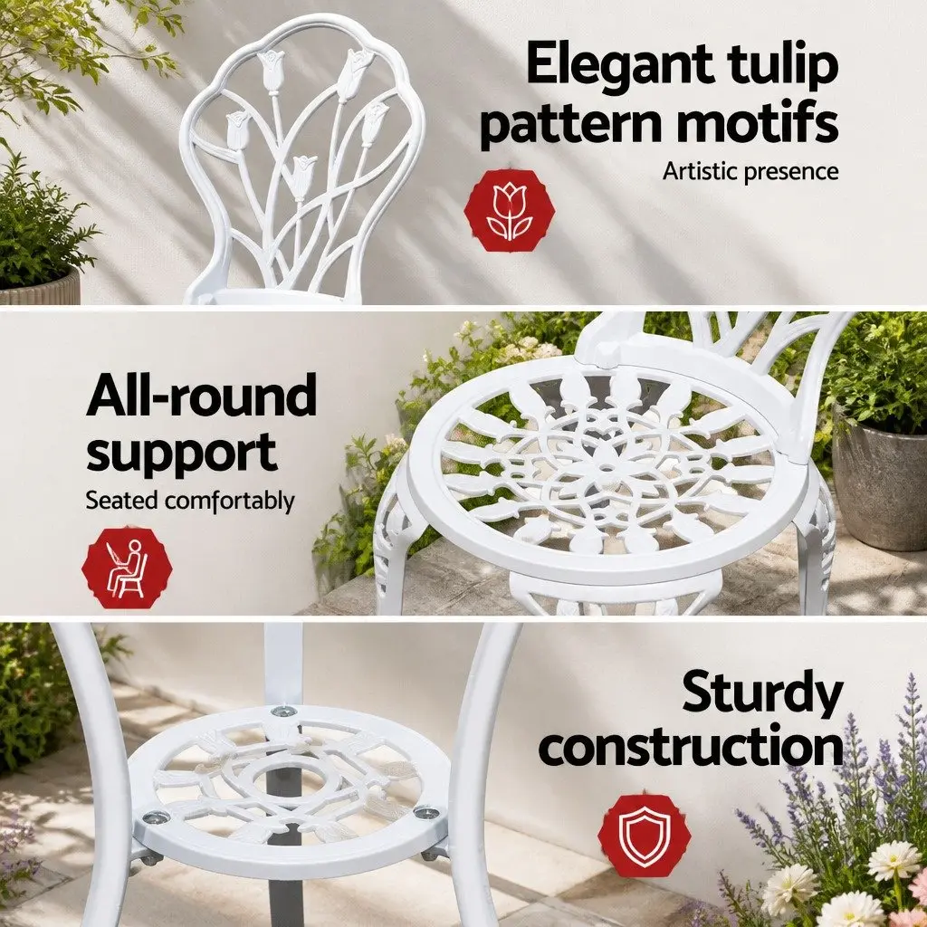 Outdoor Bistro Set Garden Patio 3 Piece White Chairs Table