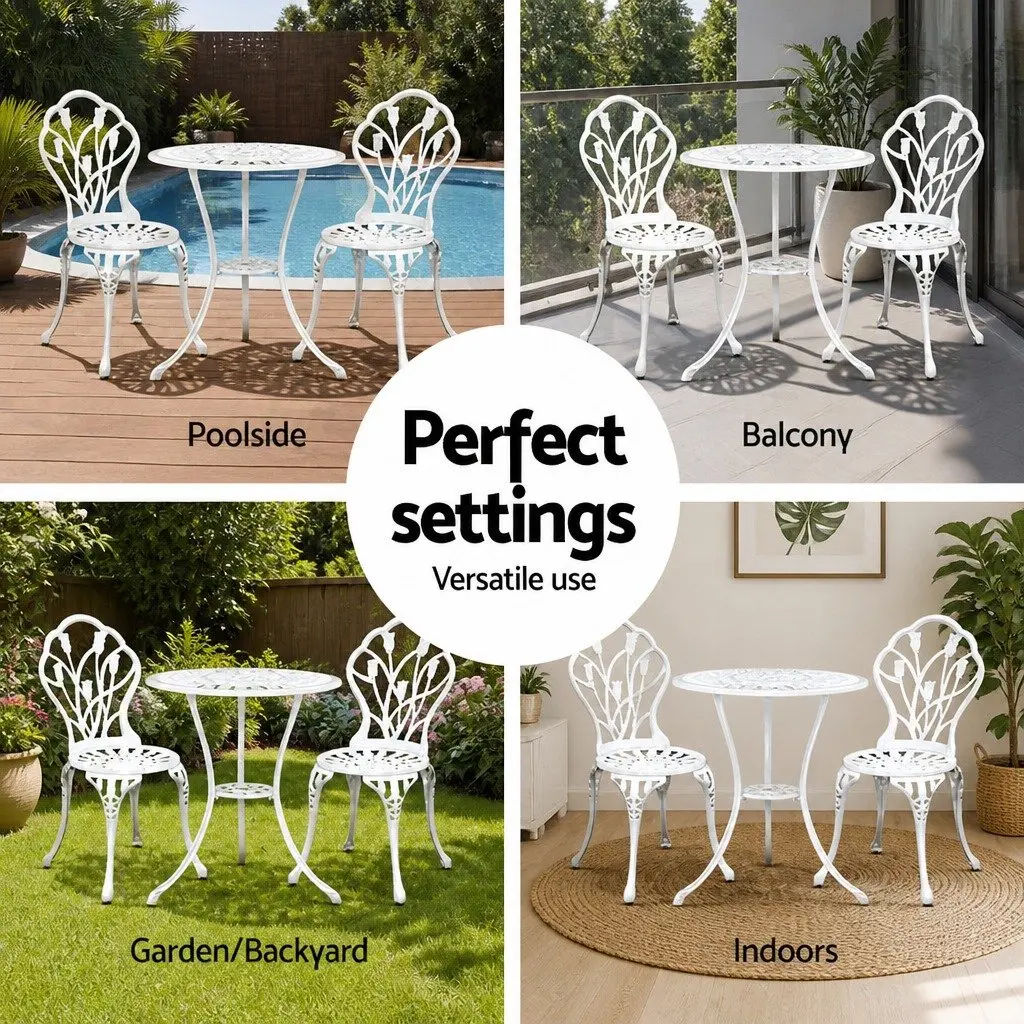 Outdoor Bistro Set Garden Patio 3 Piece White Chairs Table