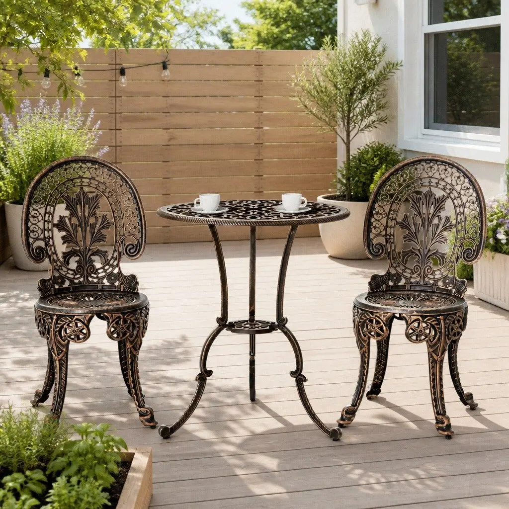 3PC Outdoor Bistro Set Garden Dining Chairs Table Bronze