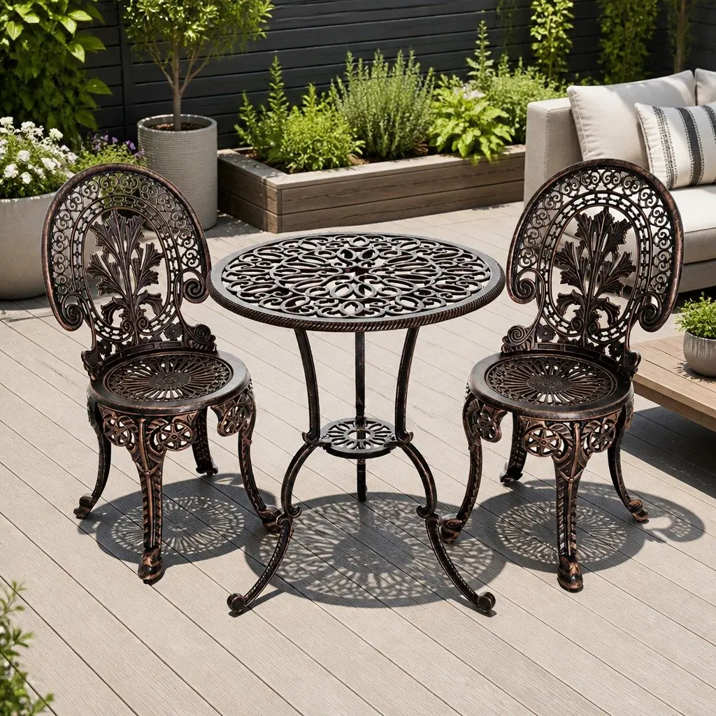 3PC Outdoor Bistro Set Garden Dining Chairs Table Bronze