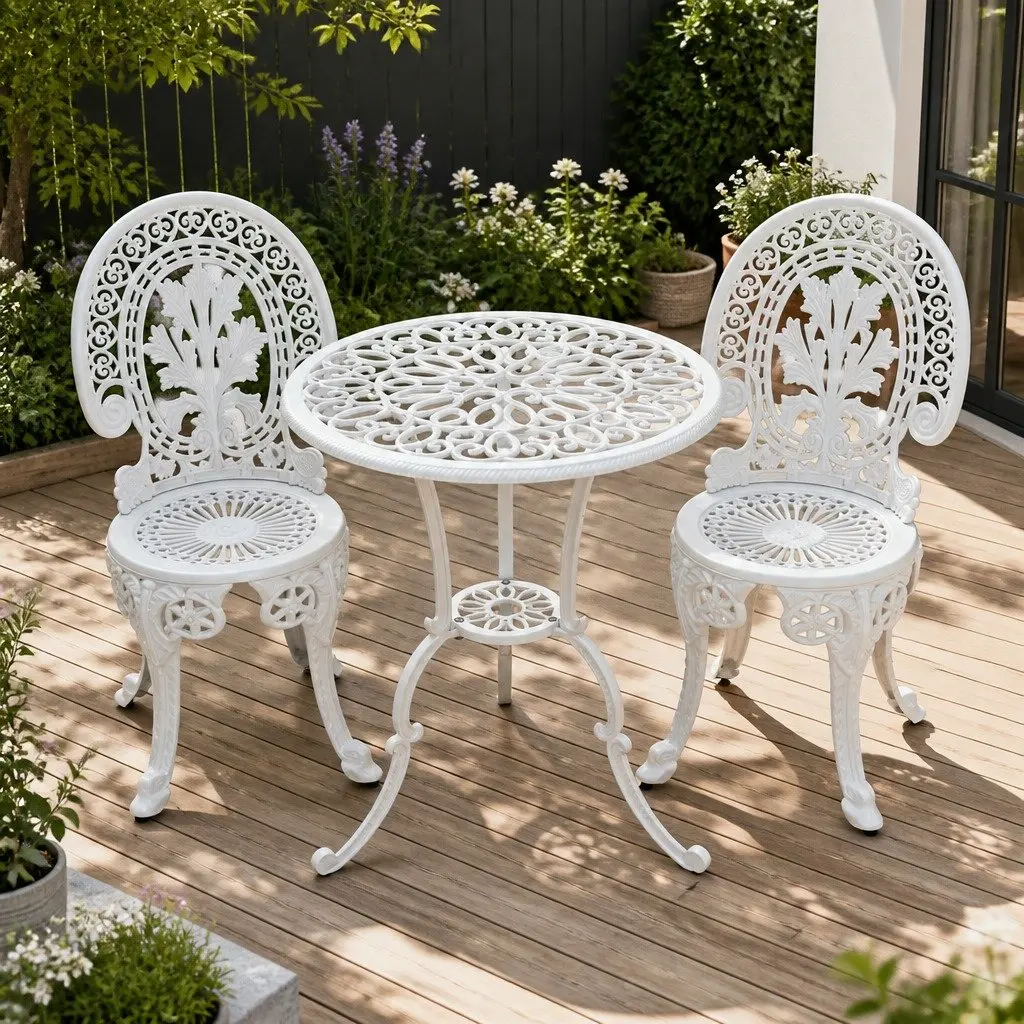 3PC Outdoor Bistro Dining Set White Chairs Table Patio Garden Furniture