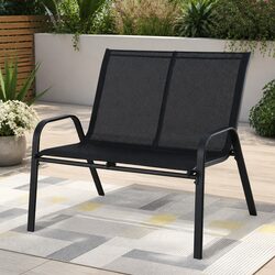 Outdoor Garden Bench: 2-Seat, Steel Frame, Black