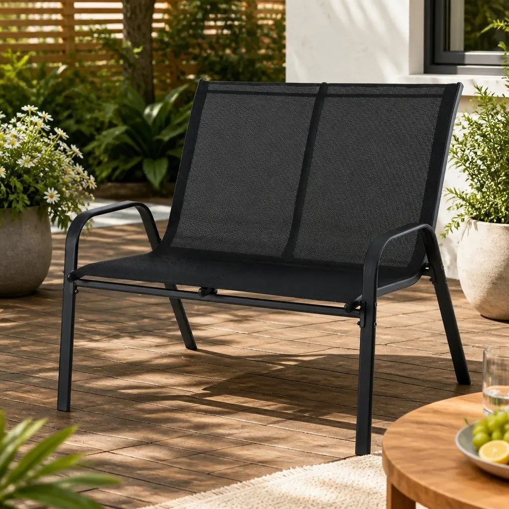 2-Seat Outdoor Garden Bench Steel Frame Patio Lounge Chair Black Backyard