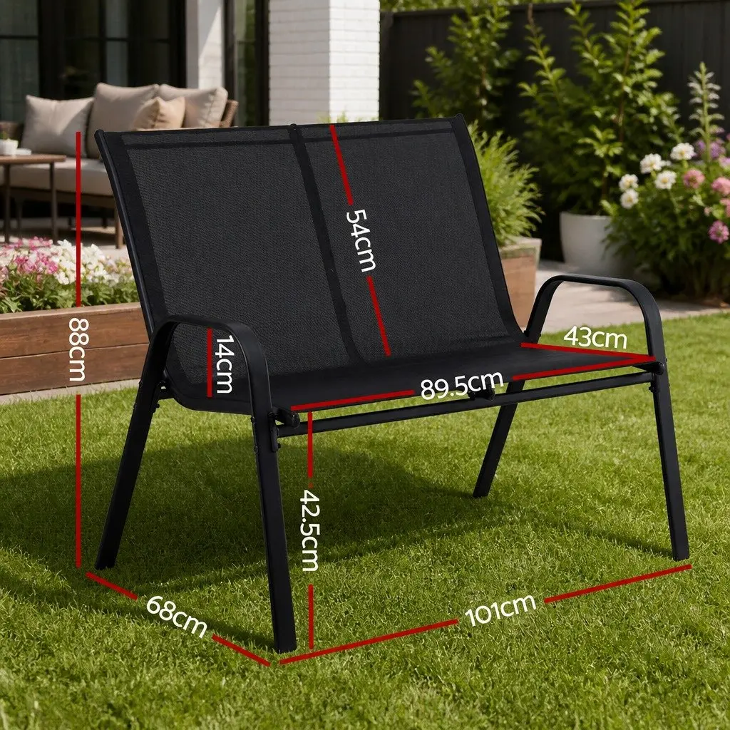 2-Seat Outdoor Garden Bench Steel Frame Patio Lounge Chair Black Backyard