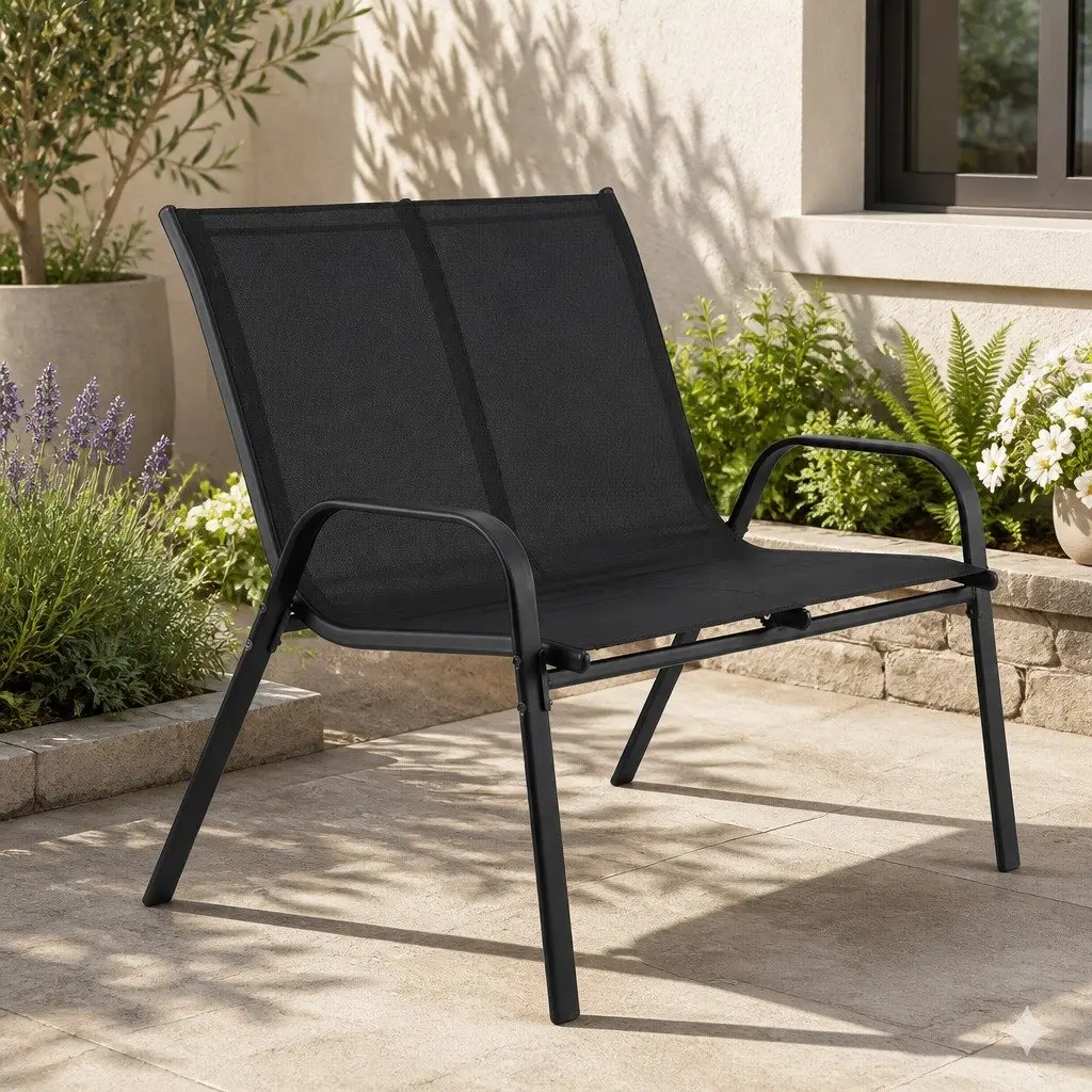 2-Seat Outdoor Garden Bench Steel Frame Patio Lounge Chair Black Backyard