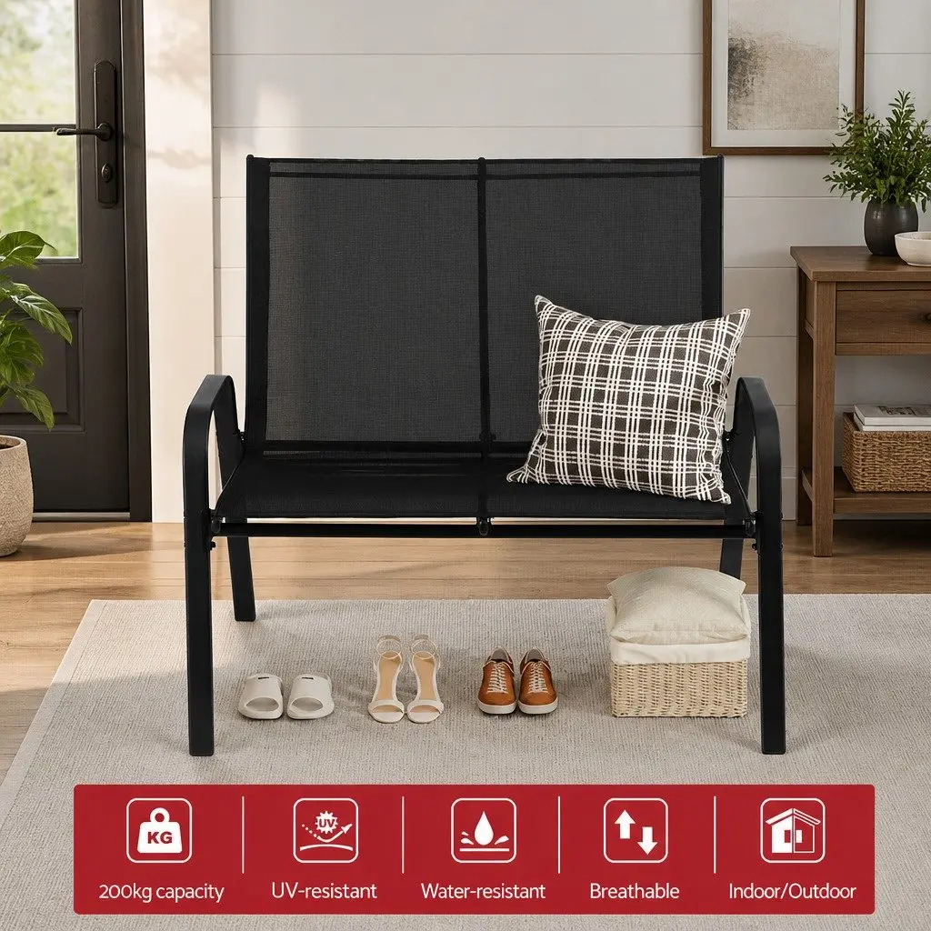 2-Seat Outdoor Garden Bench Steel Frame Patio Lounge Chair Black Backyard