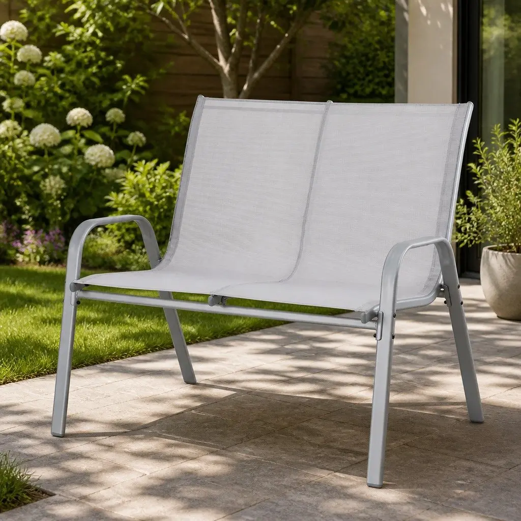 Outdoor Bench for Garden Patio 2 Seat Steel Frame Grey