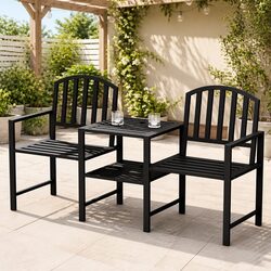 2-Seater Garden Bench Outdoor Loveseat with Armchairs Table Storage Black