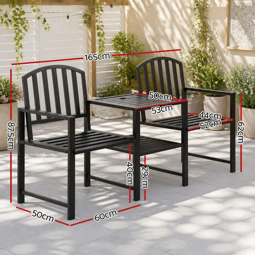 Outdoor Garden Bench Loveseat with Armchairs and Table Storage Black 165cm x 50cm x 87.5cm