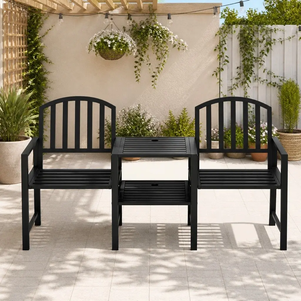 Outdoor Garden Bench Loveseat with Armchairs and Table Storage Black 165cm x 50cm x 87.5cm