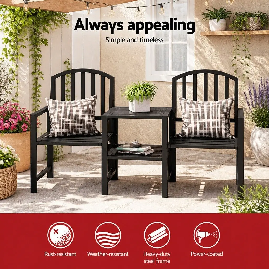 Outdoor Garden Bench Loveseat with Armchairs and Table Storage Black 165cm x 50cm x 87.5cm