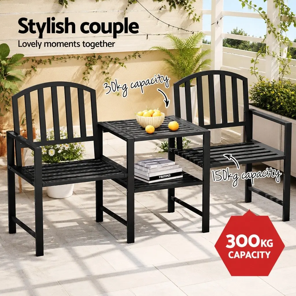 Outdoor Garden Bench Loveseat with Armchairs and Table Storage Black 165cm x 50cm x 87.5cm