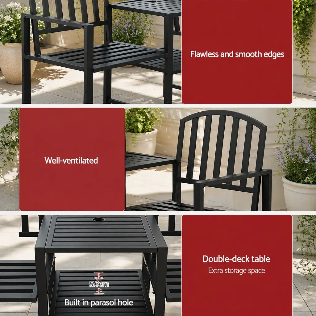 Outdoor Garden Bench Loveseat with Armchairs and Table Storage Black 165cm x 50cm x 87.5cm