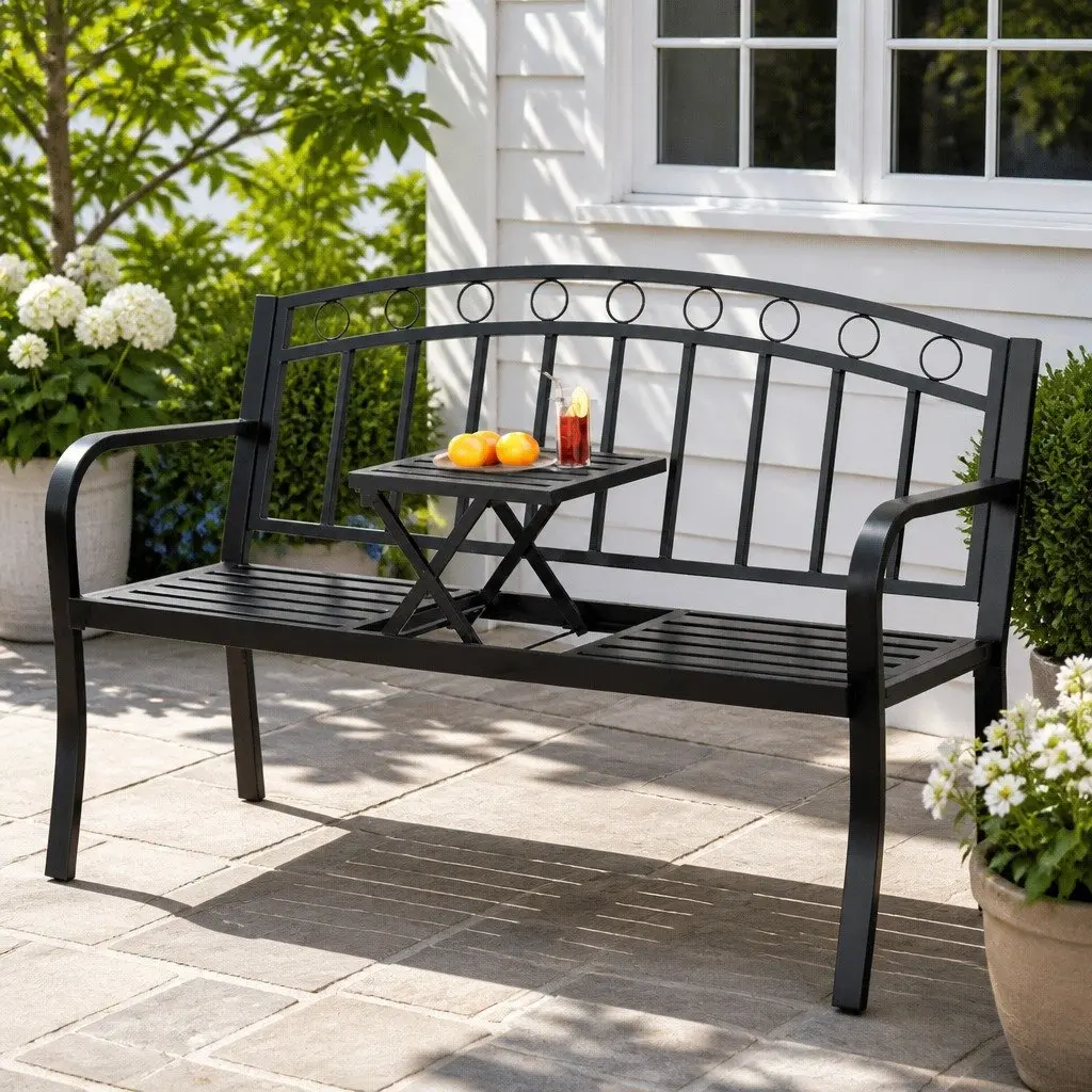 Outdoor Garden Bench 3-Seater Foldable Table Patio Furniture Black Steel
