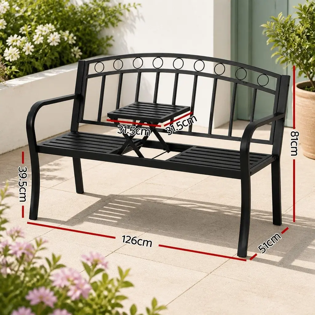 Outdoor Garden Bench 3-Seater Foldable Table Patio Furniture Black Steel