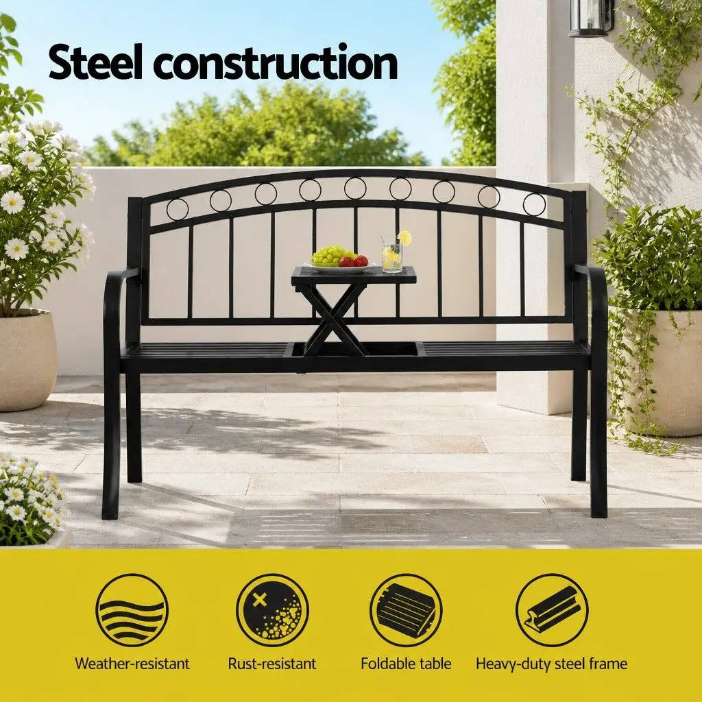 Outdoor Garden Bench 3-Seater Foldable Table Patio Furniture Black Steel