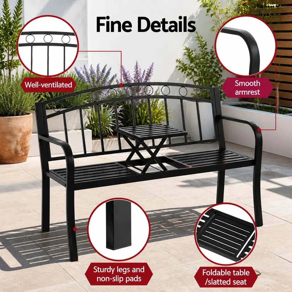 Outdoor Garden Bench 3-Seater Foldable Table Patio Furniture Black Steel