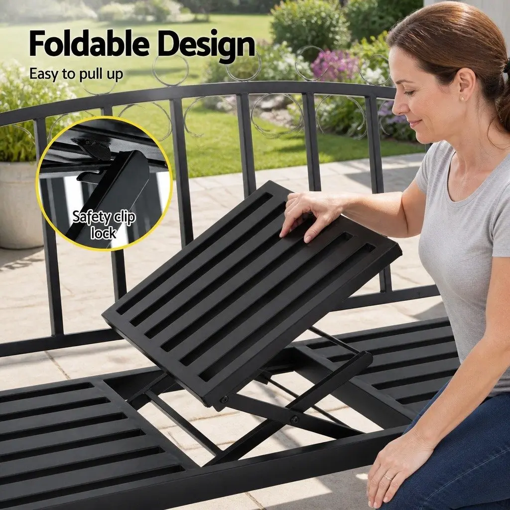 Outdoor Garden Bench 3-Seater Foldable Table Patio Furniture Black Steel