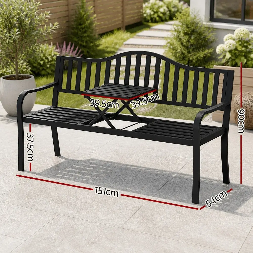 Outdoor Garden Bench Loveseat 3 Seater with Foldable Centre Table for Patio Furniture