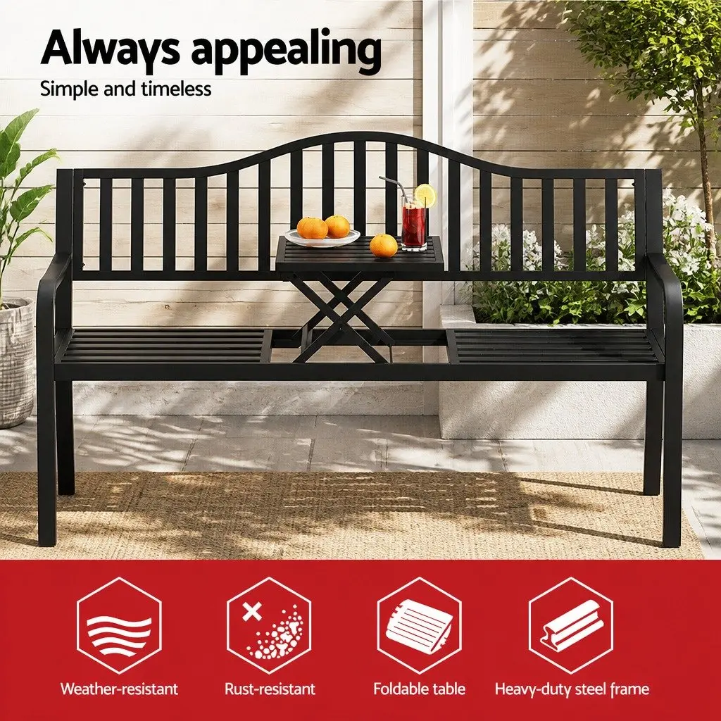 Outdoor Garden Bench Loveseat 3 Seater with Foldable Centre Table for Patio Furniture