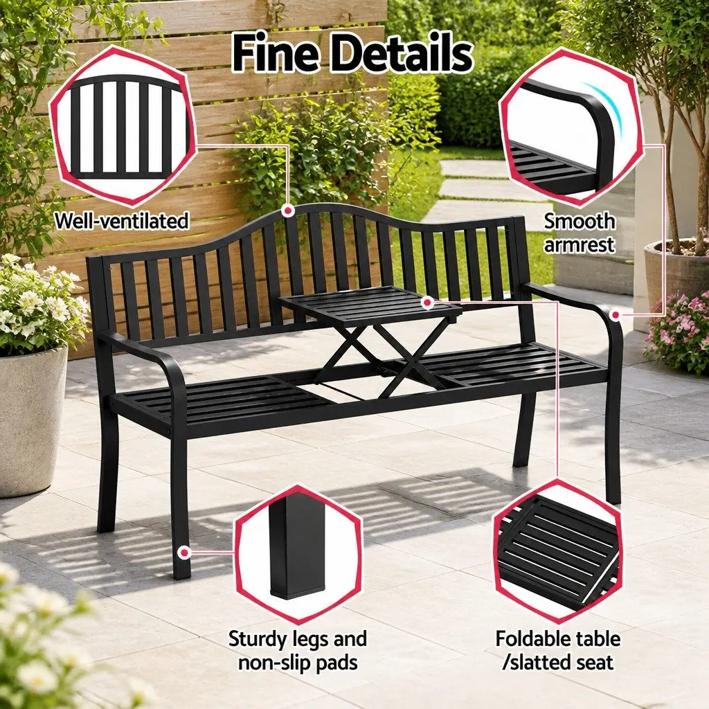 Outdoor Garden Bench Loveseat 3 Seater with Foldable Centre Table for Patio Furniture