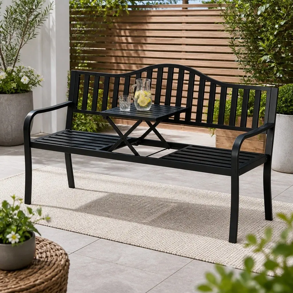 Outdoor Garden Bench Loveseat 3 Seater with Foldable Centre Table for Patio Furniture