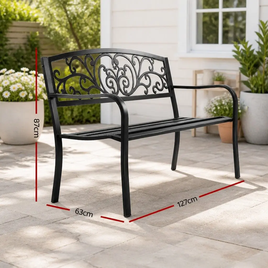 Outdoor Garden Bench Seat 3 Seater Steel Frame Black