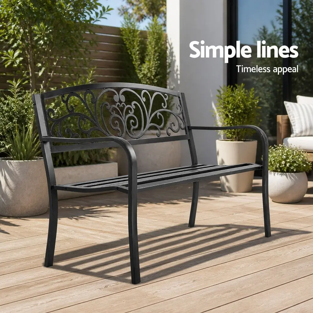 Outdoor Garden Bench Seat 3 Seater Steel Frame Black