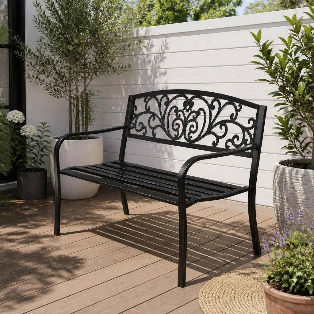 Outdoor Garden Bench Seat 3 Seater Steel Frame Black