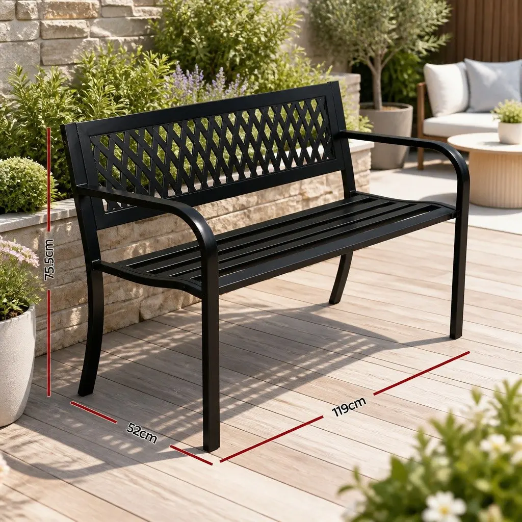 Outdoor Bench 2 Seater Steel Frame Backrest Black Garden Patio Furniture