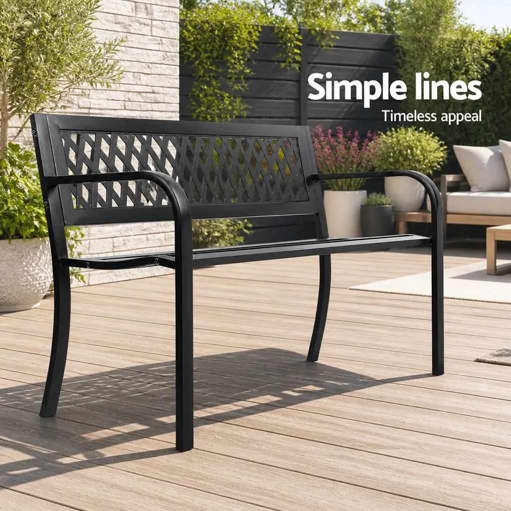 Outdoor Bench 2 Seater Steel Frame Backrest Black Garden Patio Furniture