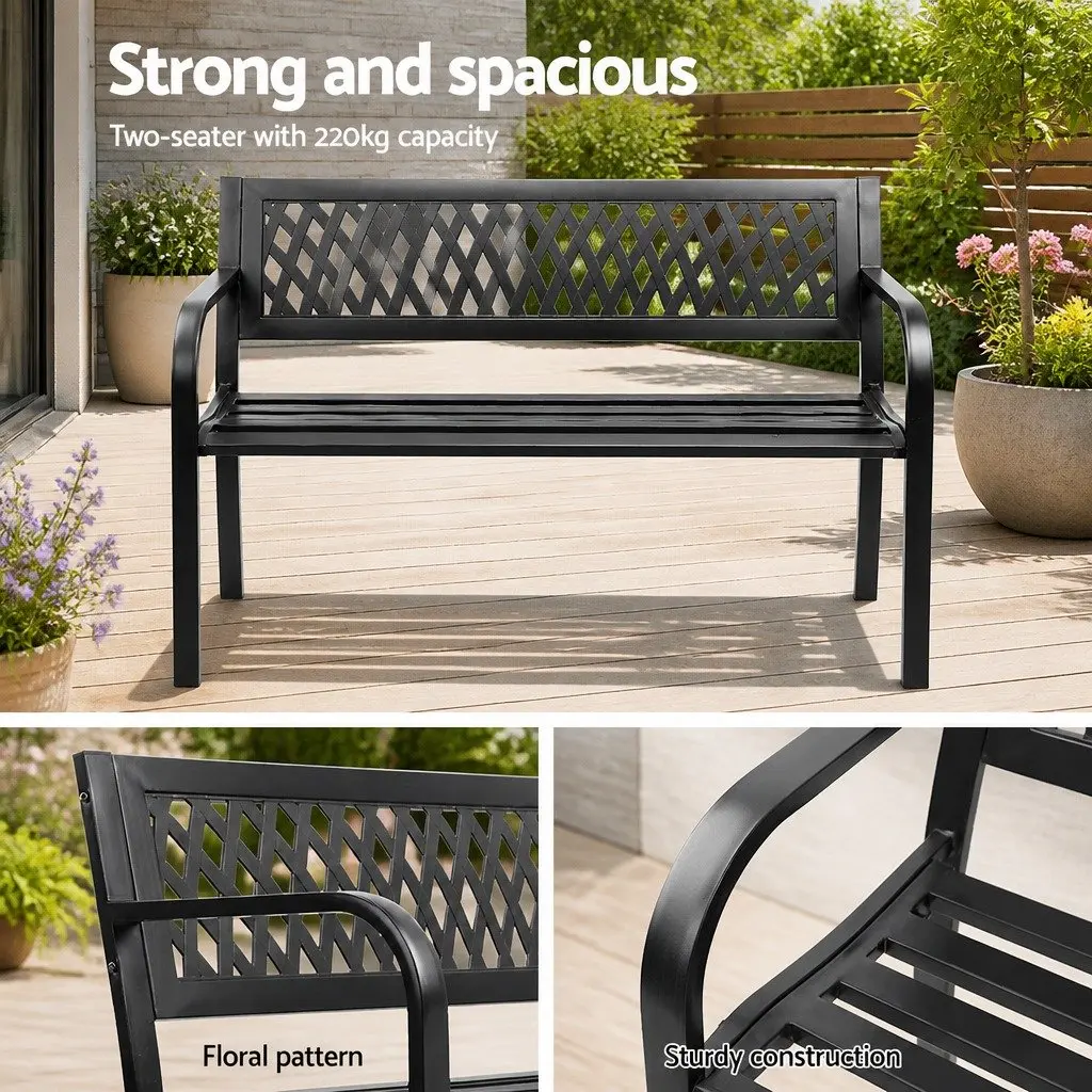 Outdoor Bench 2 Seater Steel Frame Backrest Black Garden Patio Furniture