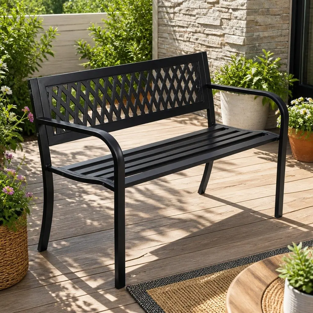 Outdoor Bench 2 Seater Steel Frame Backrest Black Garden Patio Furniture