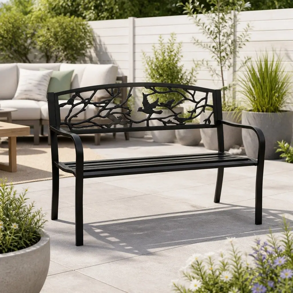 Outdoor Bench Seat 3 Seater Garden Patio Steel Frame Black Furniture