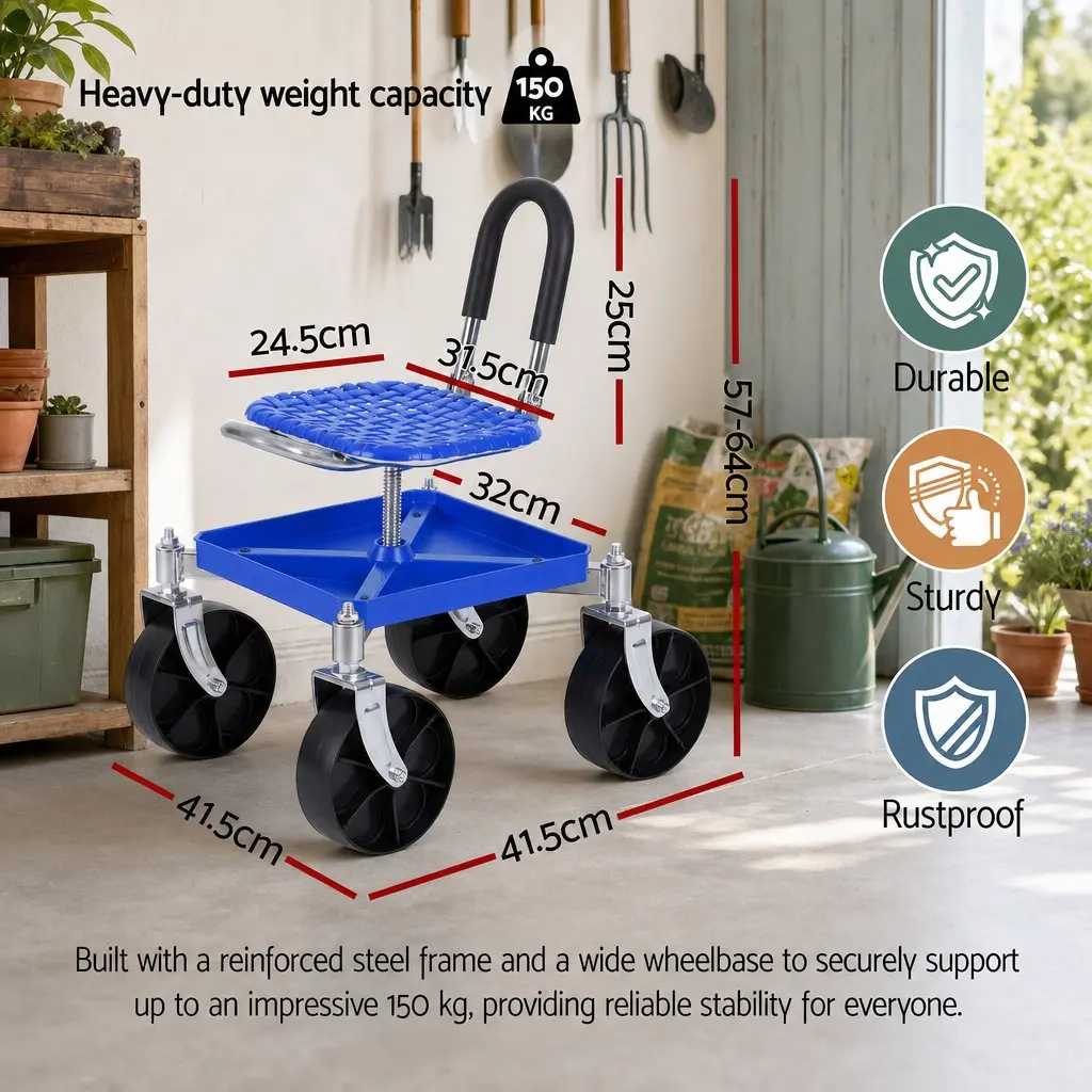 Garden Rolling Seat Stool Height Adjustable 360 Swivel Castors Blue Garage Work
