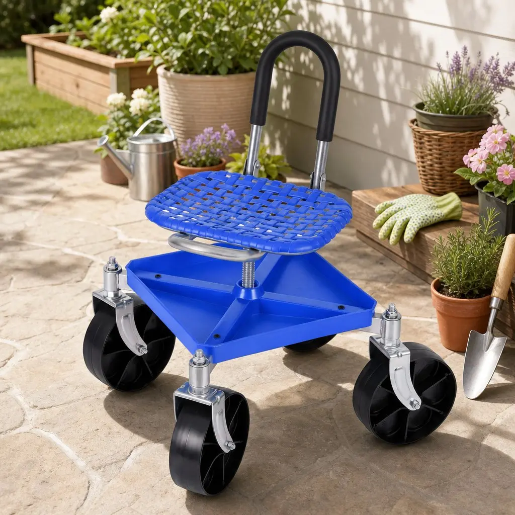 Garden Rolling Seat Stool Height Adjustable 360 Swivel Castors Blue Garage Work