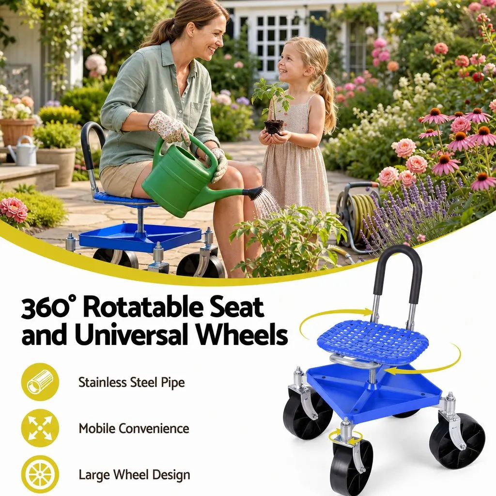 Garden Rolling Seat Stool Height Adjustable 360 Swivel Castors Blue Garage Work