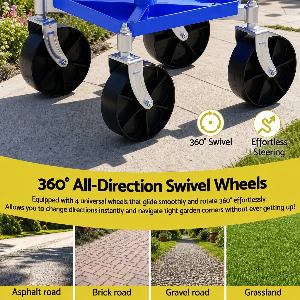 Garden Rolling Seat Stool Height Adjustable 360 Swivel Castors Blue Garage Work