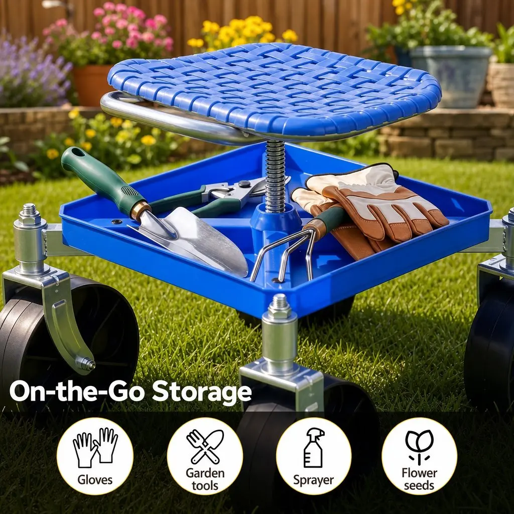 Garden Rolling Seat Stool Height Adjustable 360 Swivel Castors Blue Garage Work
