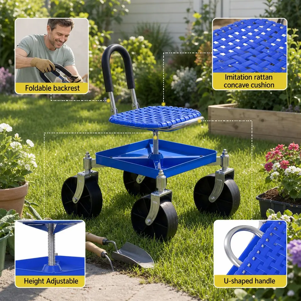 Garden Rolling Seat Stool Height Adjustable 360 Swivel Castors Blue Garage Work