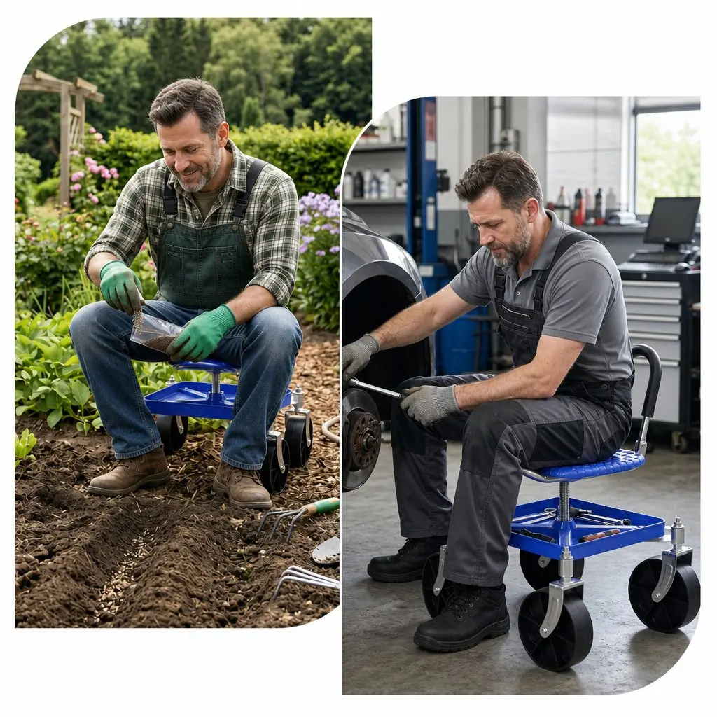 Garden Rolling Seat Stool Height Adjustable 360 Swivel Castors Blue Garage Work
