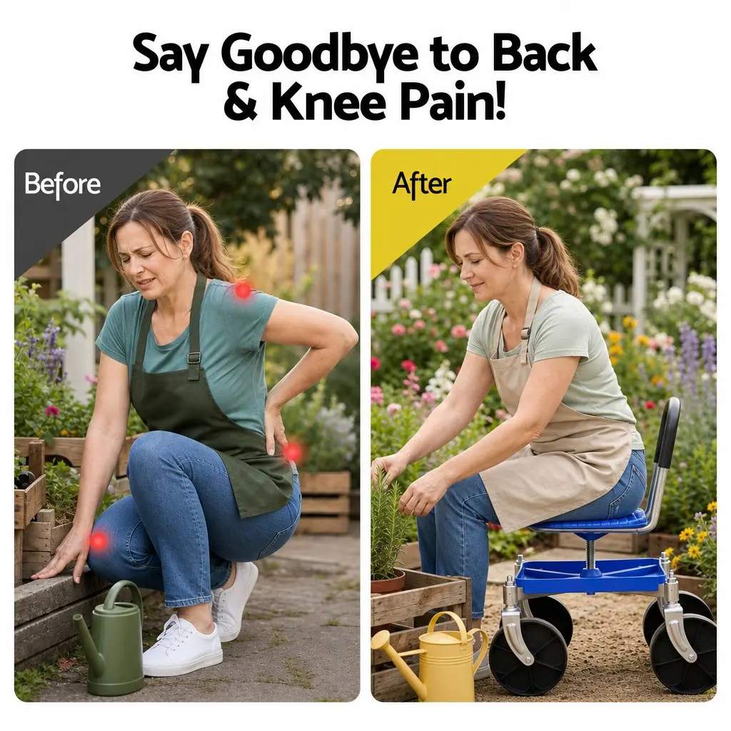 Garden Rolling Seat Stool Height Adjustable 360 Swivel Castors Blue Garage Work