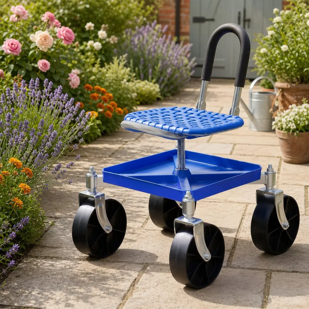 Garden Rolling Seat Stool Height Adjustable 360 Swivel Castors Blue Garage Work