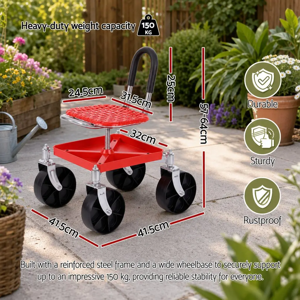 Garden Rolling Stool Seat for Outdoor Work Height Adjustable 360 Swivel Red