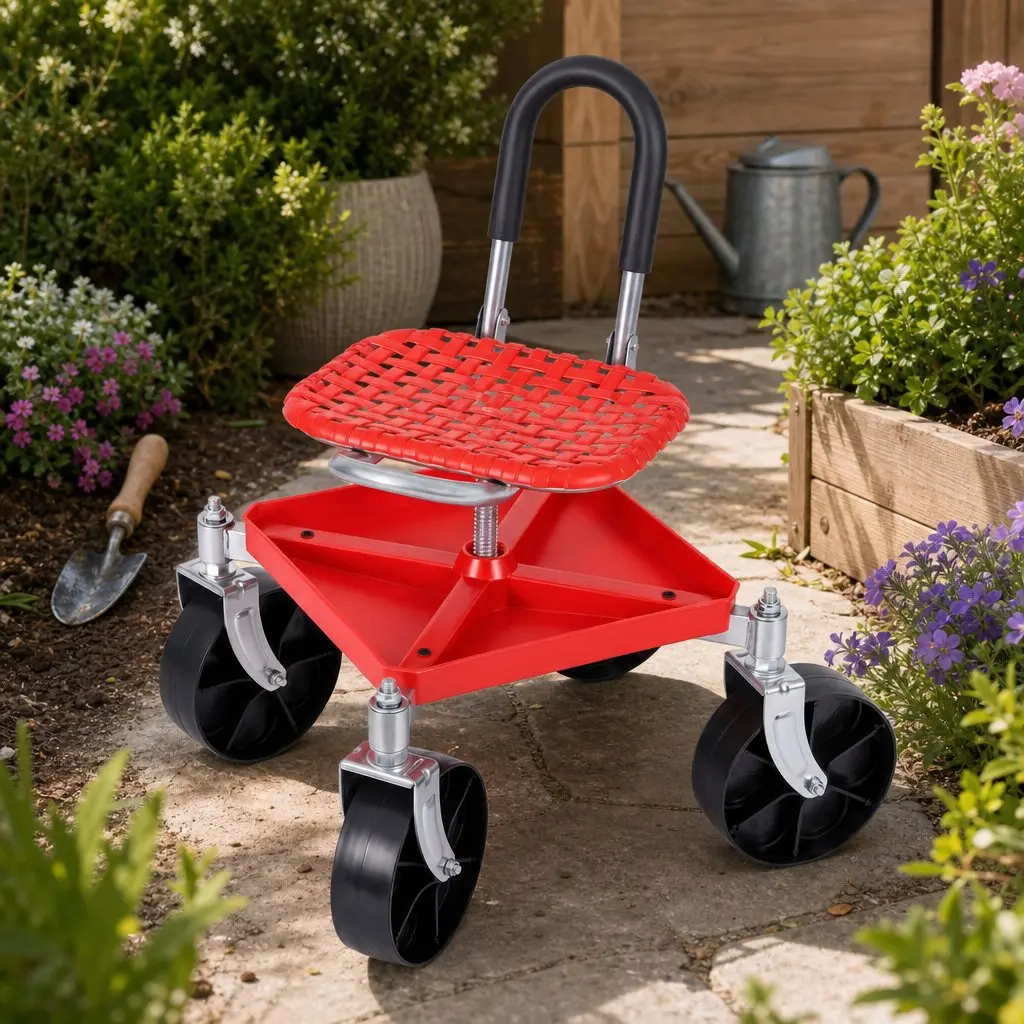 Garden Rolling Stool Seat for Outdoor Work Height Adjustable 360 Swivel Red