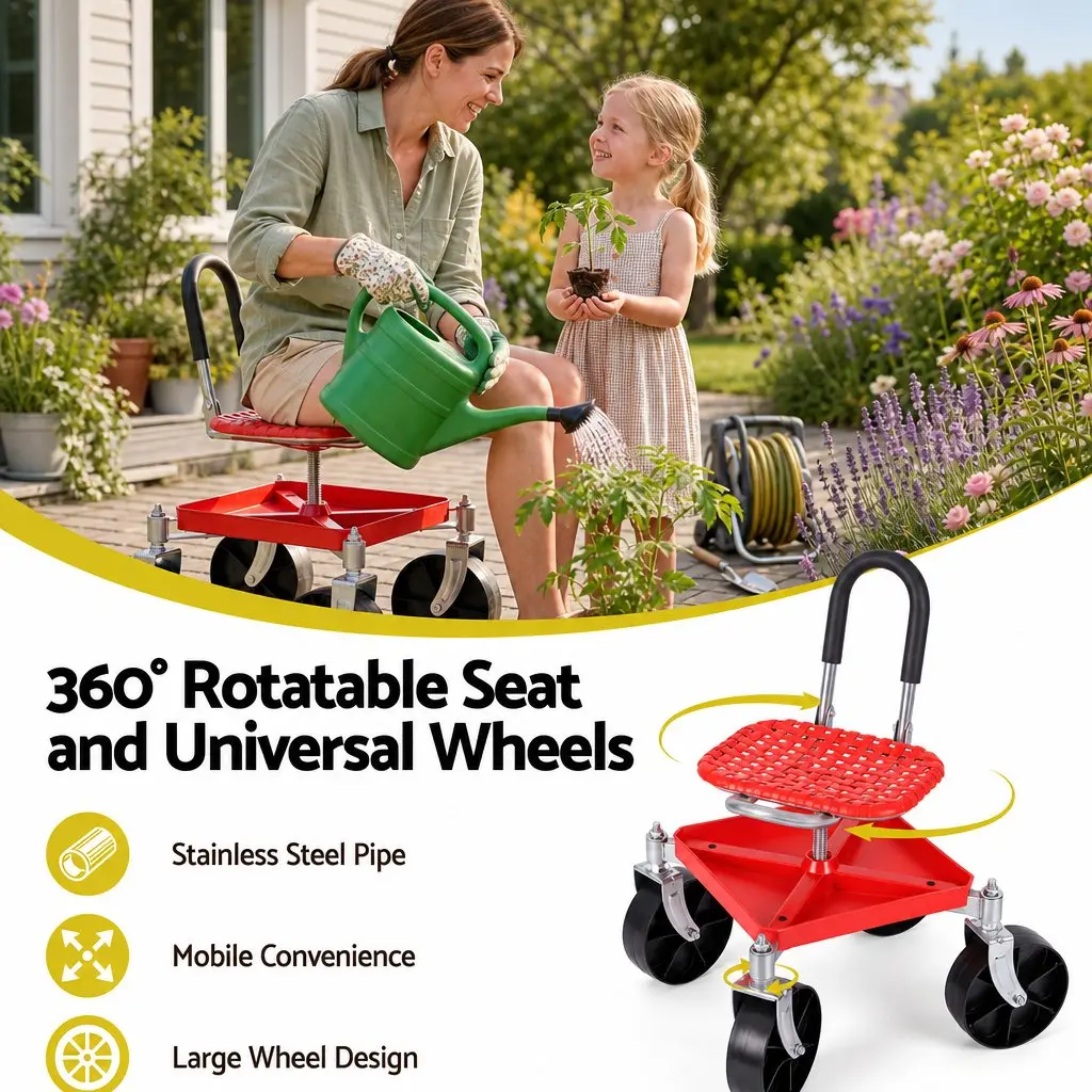 Garden Rolling Stool Seat for Outdoor Work Height Adjustable 360 Swivel Red