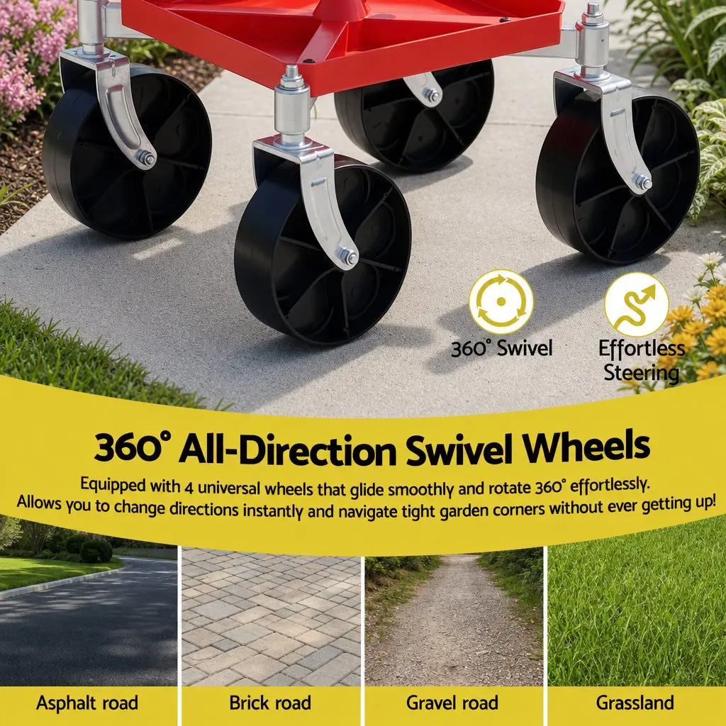 Garden Rolling Stool Seat for Outdoor Work Height Adjustable 360 Swivel Red