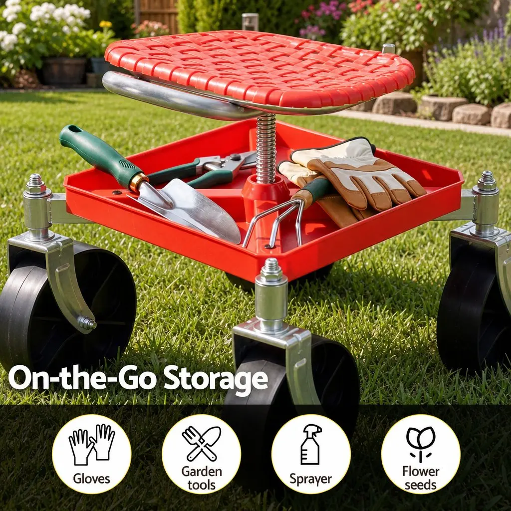 Garden Rolling Stool Seat for Outdoor Work Height Adjustable 360 Swivel Red