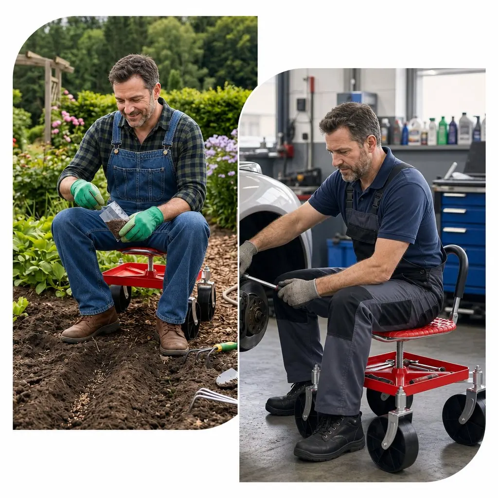 Garden Rolling Stool Seat for Outdoor Work Height Adjustable 360 Swivel Red