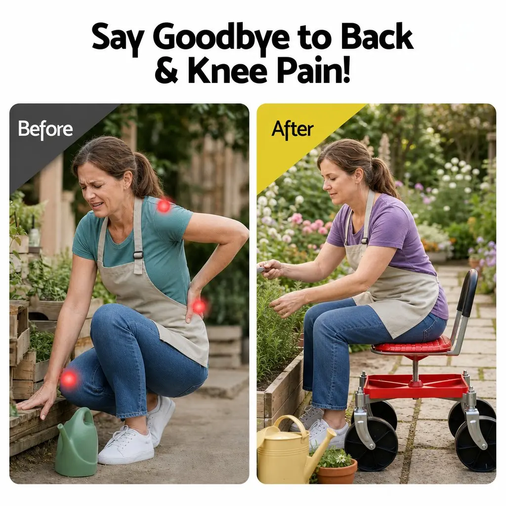Garden Rolling Stool Seat for Outdoor Work Height Adjustable 360 Swivel Red